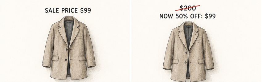 Two coats: left shows sale price $99 with no context, right shows original $200 crossed out, now $99