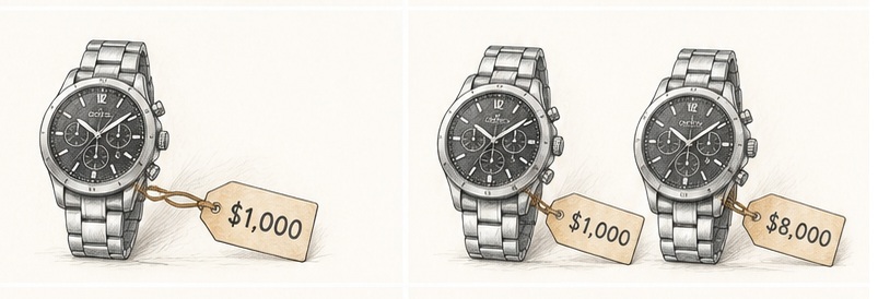 A $1,000 watch alone vs the same watch next to an $8,000 watch — the $1,000 suddenly looks like a bargain