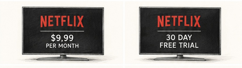 Two TV screens showing Netflix: left says $9.99 per month, right says 30 day free trial