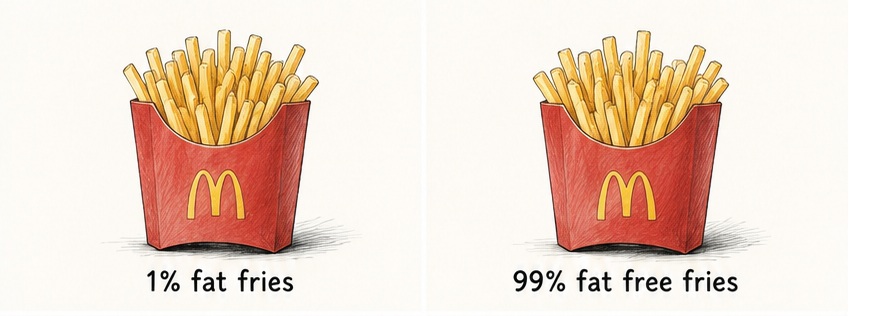 Two identical McDonald's fries containers: left labelled 1% fat fries, right labelled 99% fat-free fries