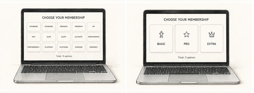 Two laptop screens: left shows 15 membership options, right shows 3 clean options — Basic, Pro, Extra