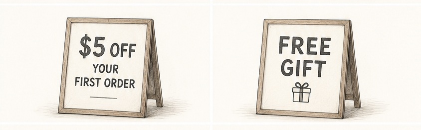 Two sandwich boards: left says $5 off your first order, right says FREE GIFT